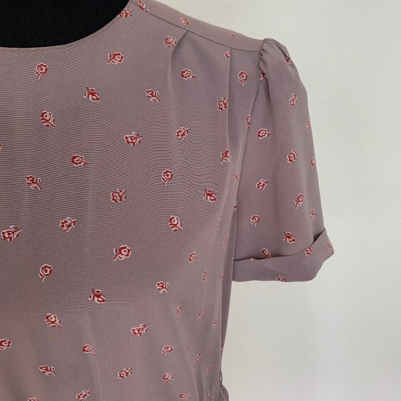 Vintage 80s taupe floral day dress sz M - Picture 3 of 5